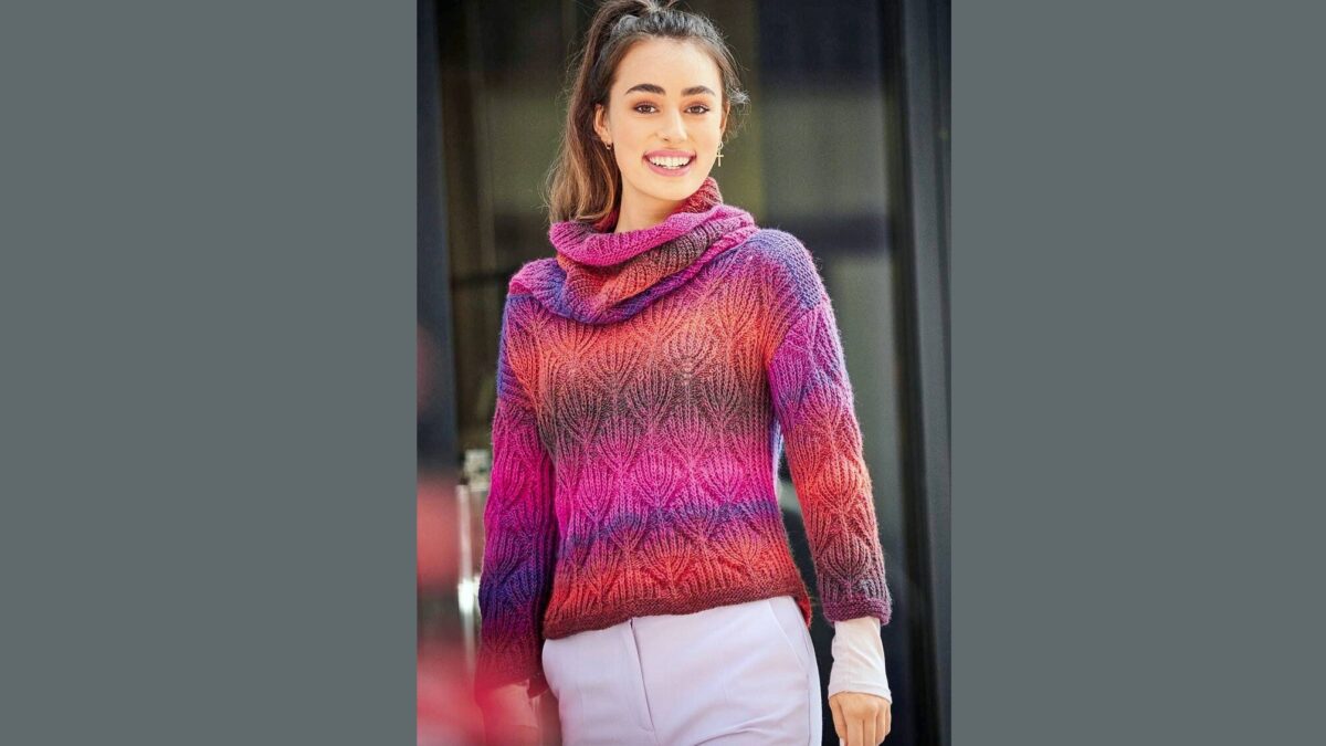  Cвитер с большим воротником-хомут и полупатентным узором